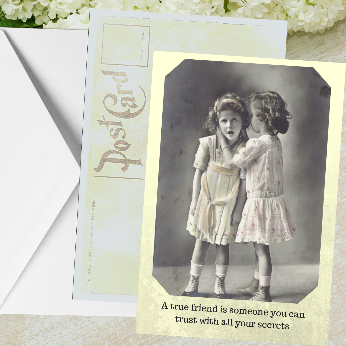 Girls Whispering Secrets Postcard with envelope